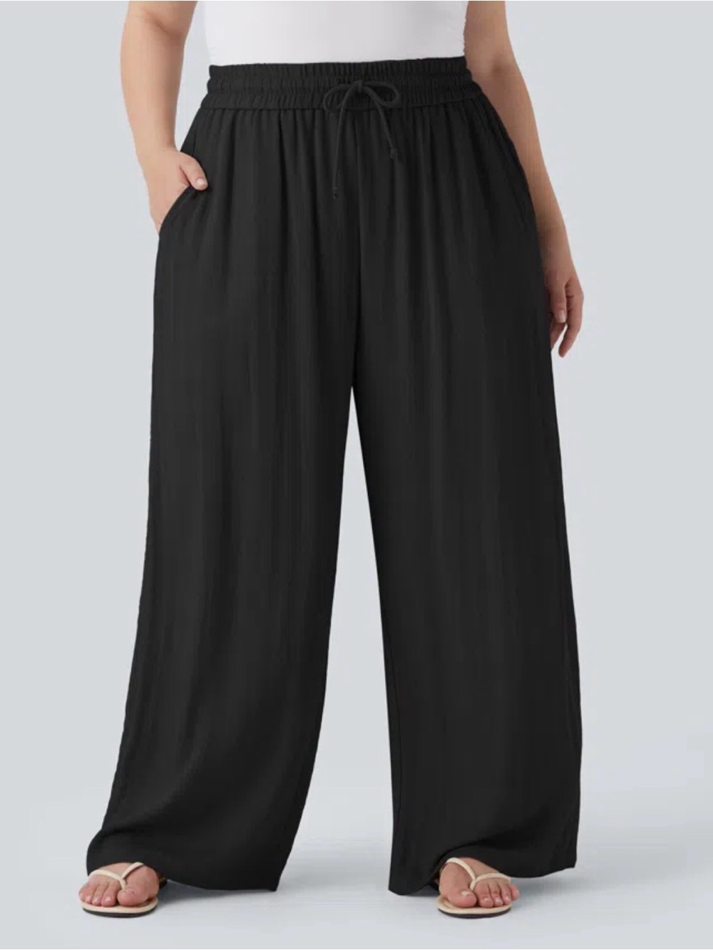 Halara High Waisted Drawstring Linen-Feel Wide Leg Casual Pants with Pockets 1X
